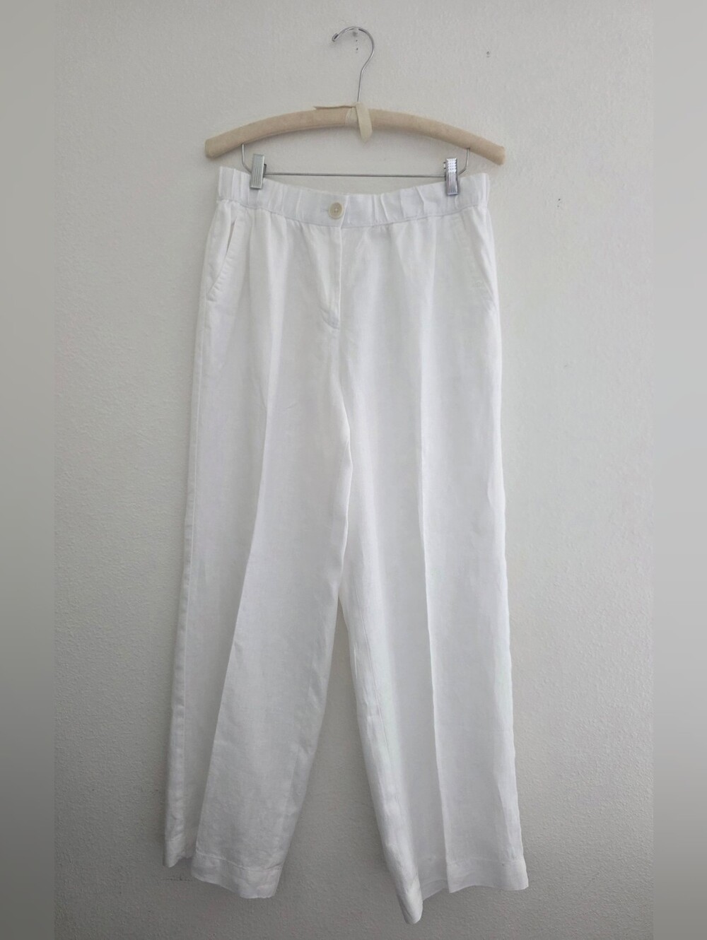 Talbots 100% Linen Trousers Wide Leg Elastic Waist, Button & Fly In White Size M